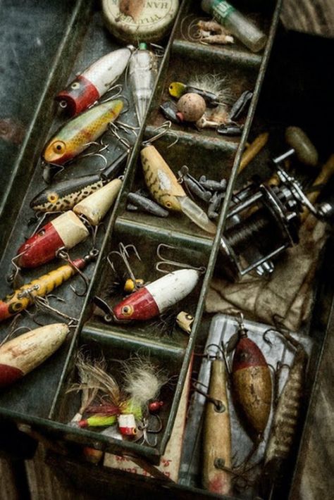 Old Fishing Lures, Antique Fishing Lures, Vintage Fishing Lures, Tackle Box, Gone Fishing, Fish Camp, Vintage Fishing, Going Fishing, Fishing Equipment