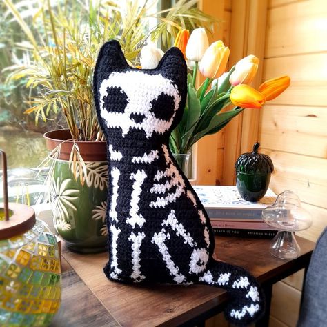 Spooky Cat Mini Cushion- PDF pattern only Cat Crochet Toys Free Pattern, Crochet Cat Cushion, Spooky Crochet Pattern, Crochet Cat Pillow, Skeleton Crochet, Crochet Pin Cushion, Spooky Crochet, Cat Side, Tail And Ears