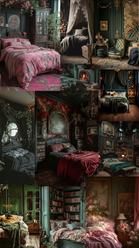 Green, Victorian, cottage core, dark academia Green Victorian Bedroom Ideas, Dark Green Victorian Bedroom, Dark Cottage Core Room, Green Victorian Bedroom, Green Victorian House, Elven Bedroom, Green Dark Academia, Victorian Cottage Core, Cottage Core Dark Academia