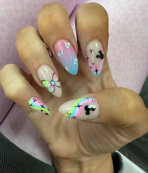 Festival Of The Arts Nails, Rainbow Disney Nails, Tropical Disney Nails, Bb8 Nails, Bright Disney Nails, Neon Disney Nails, Disney Vacation Nails, Disney World Nails Designs, Disney Almond Nails