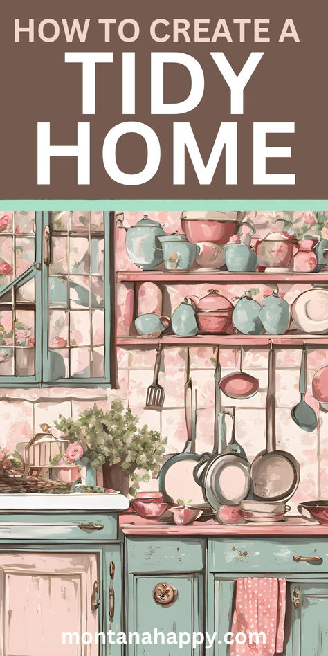 Illustration of a Kitchen. Text says, "How to Create a Today Home montanahappy.com" House Cleaning Ideas, Tidy Home Aesthetic, How To Downsize Your Home, Bedroom Deep Cleaning List, Cleaning Supplies Aesthetic, Tidy House Tips, Pink And White Office, Vision Planning, How To Deep Clean Your House