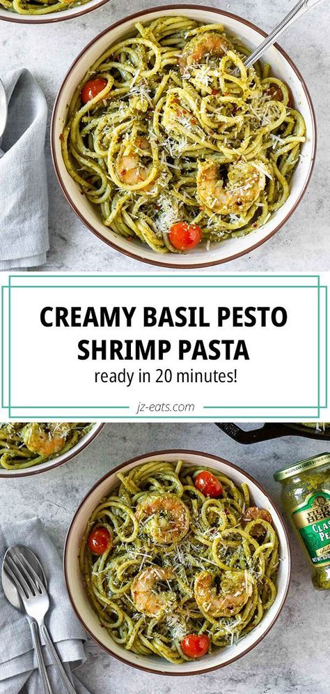 Basil Pesto Shrimp, Pesto Recipes Dinner, Pesto Shrimp Pasta, Pesto Dishes, Shrimp Pesto Pasta, Seafood Sandwiches, Pesto Shrimp, Pasta Al Pesto, Pesto Pasta Recipes