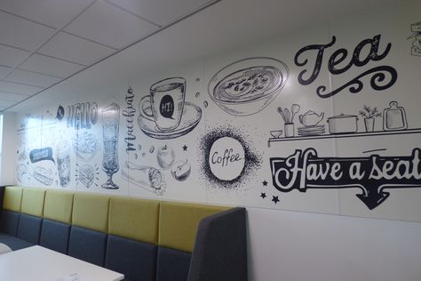 Digitally Printed Canteen Wall Vinyl! Signs Northwest Design to Installation. We design supply and install all types of signs & graphics! Contact us on 0161-776 0527 or enquiries@signsnw.co.uk Canteen Design, Office Canteen, Coffee Area, Wall Graphic, Wall Vinyl, Vinyl Signs, Empty Wall, Print Wallpaper, Wall Graphics