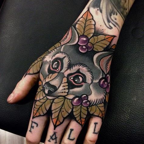 Tattoo uploaded by Ross Howerton | One of Manu Cruz's signature raccoon tattoos (IG—manu_raccoon). #animals #colorful #creatures #ManuCruz #neotraditional #raccoon | 277338 | Tattoodo New School Tattoos, Traditional Hand Tattoo, Raccoon Tattoo, Mangas Tattoo, Monster Tattoo, Petit Tattoo, Geniale Tattoos, Hand Tattoos For Women, New School Tattoo