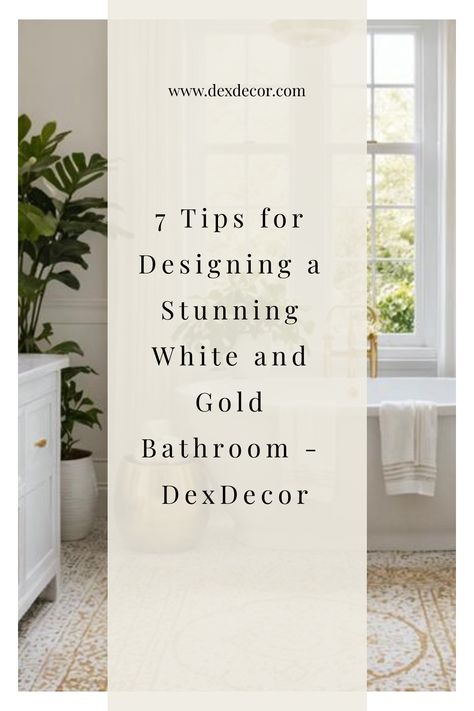 7 Tips for Designing a Stunning White and Gold Bathroom - DexDecor background of a stylish bathroom with plants. White And Gold Modern Bathroom, Bathroom White Cabinets Gold Hardware, White Bathroom Vanity With Gold Hardware, White And Gold Spa Room, White Bathroom With Gold Fixtures, White And Gold Bathroom Ideas, Brushed Gold Bathroom Fixtures, Gold Hardware Bathroom, Bathroom With Gold Accents