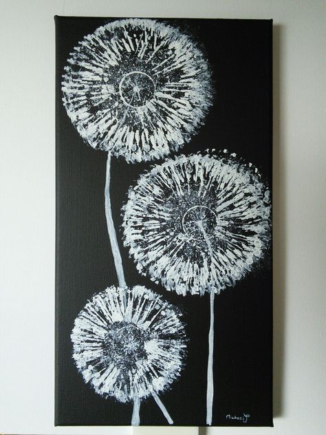 Dandelion Painting, Black Canvas Art, Dandelion Art, Ballerina Painting, Indie Drawings, Dandelion Clock, Acrylic Painting Tips, Black And White Painting, Black White Art