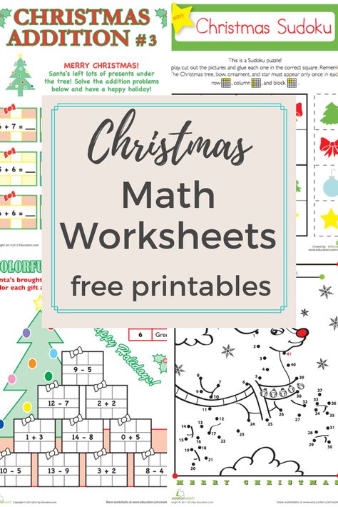 Browse more than a hundred Christmas-themed math worksheets to do with your preschool, kindergarten, and elementary mathemeticians. Download free printables to get your little learner in the holiday spirit. #math #mathworksheets #worksheets #freeworksheets #freemathworksheets #elementarymath #christmas #numbersense #numbers #addition #subtraction #multiplication #division #geometry Christmas Multiplication Worksheets, Math Worksheets For Kids, Holiday Math Worksheets, December Ideas, Christmas Math Worksheets, Christmas Math Activities, Worksheets For Class 1, Multiplication Strategies, Christmas Addition