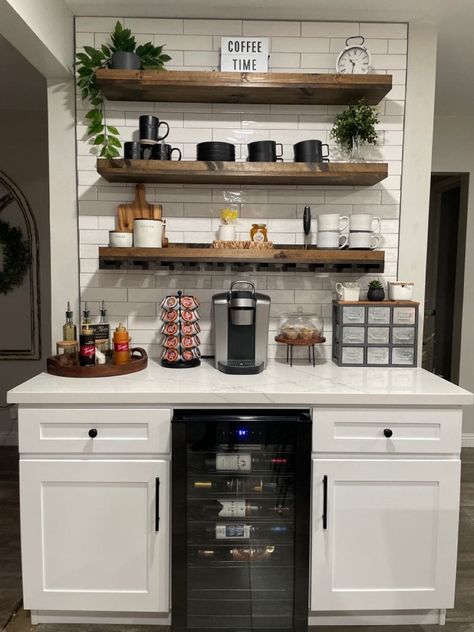 Coffee Bar With Refrigerator, Coffee Nook With Floating Shelves, Coffee Bar Modern Farmhouse, Coffee Drink Bar In Kitchen, Coffee And Alcohol Bar, Coffee And Drink Bar, Coffee Bar With Shelves, Beverage Nook, Modern Coffee Station