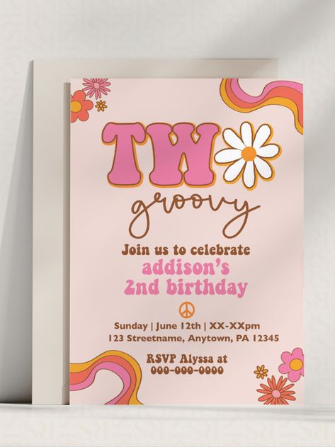 Two Groovy | flower digital download girl's second birthday invitation | Two Groovy Retro Theme with pink and orange colors Groovy Party Invitations, Two Groovy Theme, 1rst Birthday, Groovy Theme, Pink Template, Booth Setup, Groovy Party, Two Groovy, 2nd Birthday Party For Girl