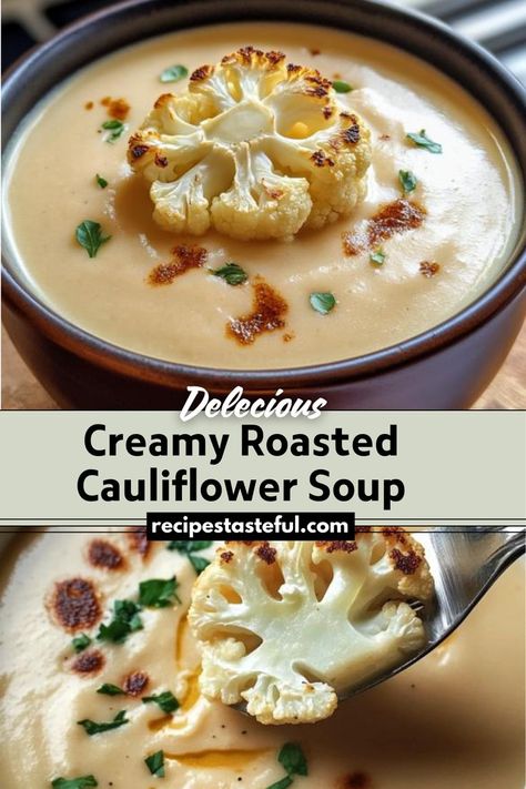 This creamy roasted cauliflower soup is a rich and velvety delight perfect for a cozy meal. Roasting the cauliflower enhances its natural nutty flavor, which pairs beautifully with the creamy base and optional toppings like crispy bacon and fresh parsley. Coliflower Soup, Cauliflower Soup Healthy, Chinese Chicken Salad Recipe, Traditional Thanksgiving Recipes, Creamy Cauliflower Soup, Roasted Cauliflower Soup, Light Soups, Cauliflower Soup Recipes, Easy Thanksgiving Recipes