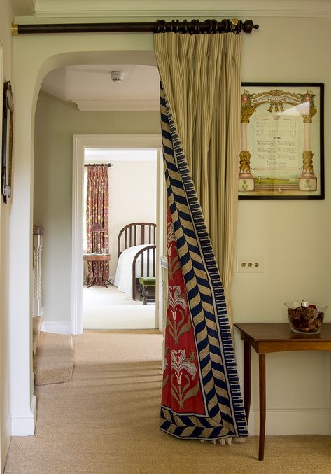 Curtains In Hallway, Curtain Over Doorway, Entry Way Curtain Ideas, Front Door Curtain Ideas Entrance, Curtains Over Door, Kitchen Doorway Curtain Ideas, Kitchen Door Curtain Ideas, Door Curtain Pole, Bold Curtains