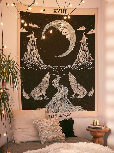 The Moon Tarot Card tapestry from Urban Outfitters Boho Witchy Bedroom, Witchy Bedroom, Tarot Tapestry, Mandala Wall Hanging, Printed Tapestries, White Fashion, Hanging Wall Decor, Great Wave, Bed Sheets