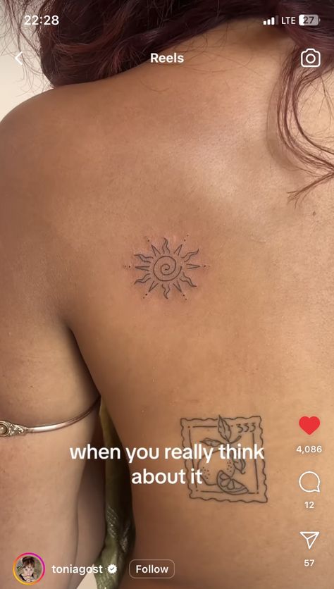 Sun On The Shoulder Tattoo, Surya Tattoo Design, Cutest Tattoo Placement, Sticker Tattoo Placement Ideas, Sunshine Back Tattoo, Cute Greek Tattoos, Sun Tattoo Back Shoulder, Cleo Sol Tattoo, Nature Collarbone Tattoo