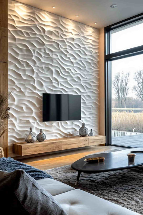 40 Modern Living Room Accent Wall Designs for a Stylish Home Tv Feature Wall Ideas Living Room Modern, Living Room Tile Wall Ideas, Accent Mantle Wall, Walls With Windows Decor, Tv Wall Design For Office, Texture Feature Wall, Tiled Accent Wall Living Room, Wall Texture For Living Room, Modern Accent Wall Bathroom