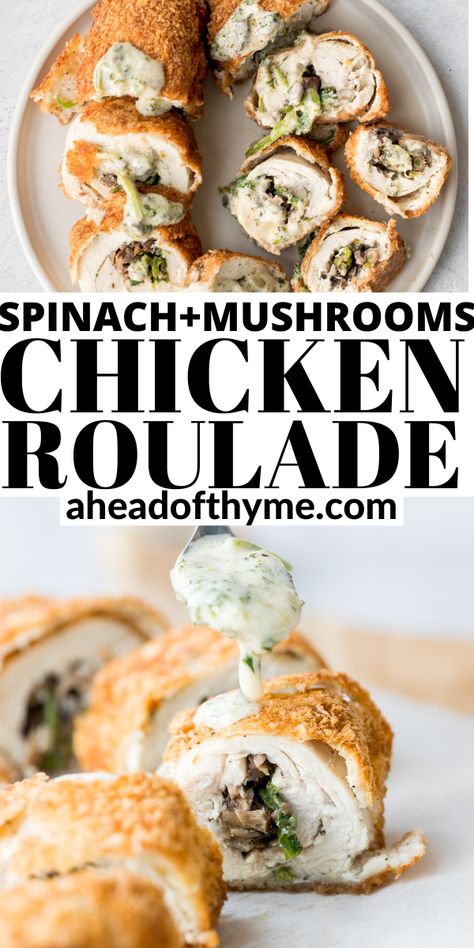 Chicken Breast Rolls, Chicken Roulade Recipe, Chicken Spinach Mushroom, Chicken Rollups, Chicken Roulade, Roulade Recipe, Spinach And Mushrooms, Creamy Alfredo Sauce, Chicken Roll Ups