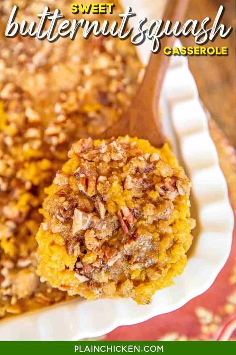 Sweet Butternut Squash Casserole - Plain Chicken Praline Sweet Potato Casserole, Thanksgiving Casserole Recipes, Mashed Butternut Squash, Butternut Squash Casserole, Frozen Butternut Squash, Squash Casserole Recipes, Thanksgiving Side Dishes Easy, Brown Sugar Recipes, Baked Squash