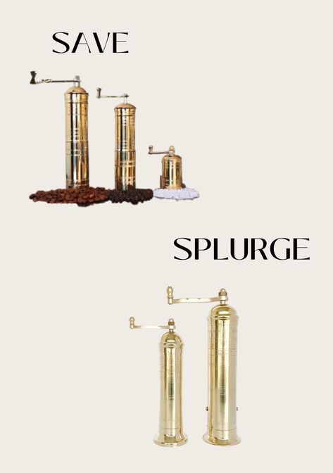 Two sets of brass salt and pepper grinders being compared as a save vs splurge set. Gold Pepper Grinder, Gold Pepper Mill, Brass Pepper Grinder, Salt Pepper Grinder, Gold Salt And Pepper Grinder, Brass Pepper Mill, Brass Salt And Pepper Grinder, Brass Salt And Pepper Mill, Thrift Manifest