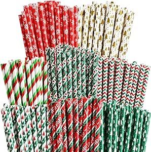 ALINK 100 Christmas Paper Straws, 8 Styles Red Green White Gold Biodegradable Party Drinking Straws with Stripe, Wave, Christmas Tree Snowflake Design Decorations Supplies Christmas Decoration Party, Christmas Bar Cart, Snowflake Party, Party Straws, Drinking Party, Bar Cart Decor, Merry Christmas Decoration, Christmas Party Favors, Decoration Party