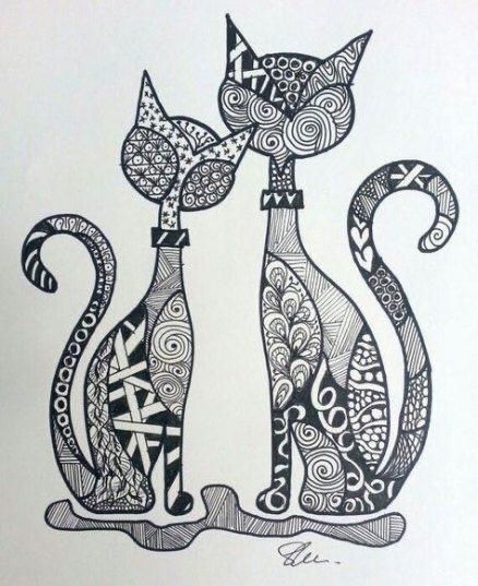 Zentangle Drawing, Zentangle Animals, Zentangle Artwork, 2 Cats, Doodle Art Drawing, Mandala Art Lesson, Artist Pens, Tangle Art, Zentangle Drawings