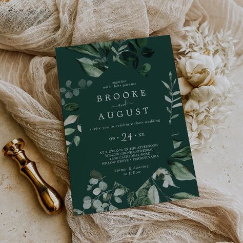 $2.92 | Emerald Greenery | Green Casual Wedding Invitation - modern marriage, romantic casual wedding, rustic printed wedding, moody first names only wedding, woodland casual wedding, elegant fall wedding, autumn mountain theme wedding, greenery boho watercolor wedding, emerald green leaf eucalyptus k114, classy dark hunter jewel toned Mountain Theme Wedding, Casual Wedding Invitations, Popular Wedding Invitations, Square Wedding Invitations, Wedding Autumn, Budget Wedding Invitations, Boho Watercolor, Dark Hunter, Greenery Wedding Invitations