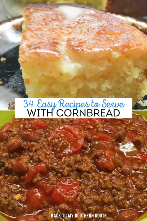 One pictures has cornbread with melting butter on top and the other is a bowl of chili. Easy Meals With Cornbread, Meal To Go With Cornbread, Stew And Cornbread, Food With Cornbread, Recipes That Go With Cornbread, Things That Go With Cornbread, Food That Goes With Cornbread, Dinner Ideas With Cornbread As A Side, Meals To Make With Cornbread