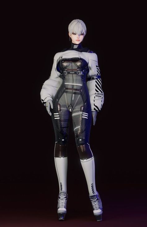 Futuristic Fantasy Outfits, Cyberpunk Bodysuit Concept Art, Cybercore Bodysuit, Si Fi Outfits, Cyberpunk Clothes Women, Atom Punk Fashion, Fantasy Space Outfit, Cyberpunk Corporate Woman, Space Fantasy Outfit