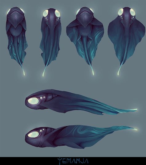 Alien Creatures Cute, Mind Flayer Tadpole, Fantasy Fish Concept Art, Scifi Creature Design, Bioluminescent Creature Concept Art, Fantasy Air Creatures, Sea Creatures Artwork, Sky Leviathan, Alien Sea Creatures