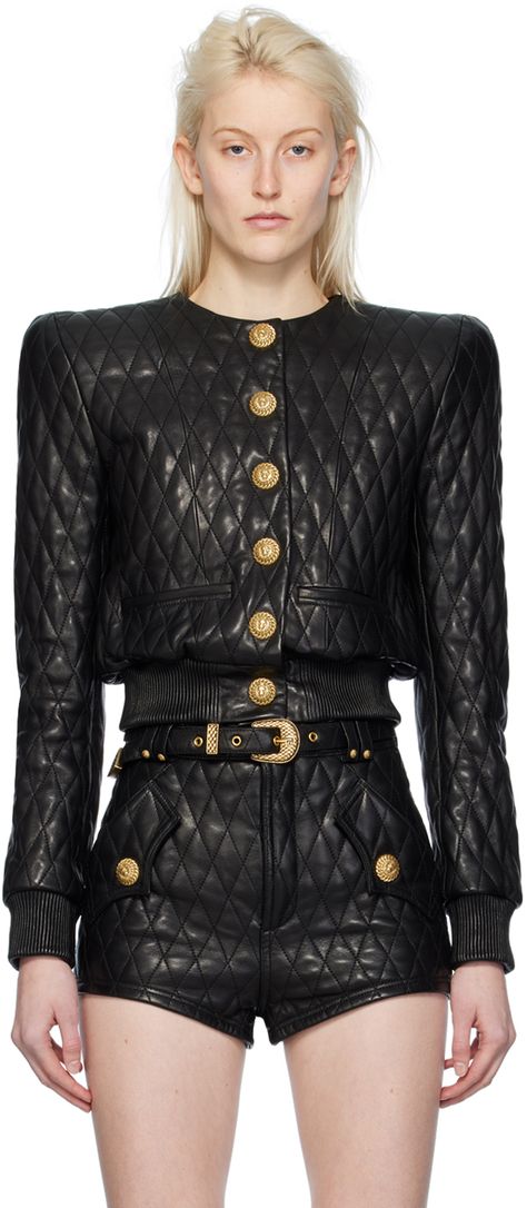 Quilted lambskin jacket. · Round neck · Press-stud closure · Welt pockets · Rib knit hem and cuffs · Padded shoulders · Full twill lining · Graphic-engraved gold-tone hardware Supplier color: Noir Balmain Skirt, Quilted Leather Jacket, Balmain Jacket, Studded Leather Jacket, Lambskin Jacket, Tuscan Villa, Fashion Illustration Dresses, Puffy Jacket, Artistic Hair