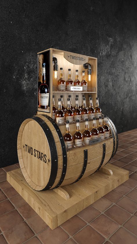 Whisky Display, Wine Store Design, Wine Shop Interior, Beer Ideas, Wine Barrel Bar, Miniature Bar, Barrel Projects, Corporate Event Design, Barrel Bar