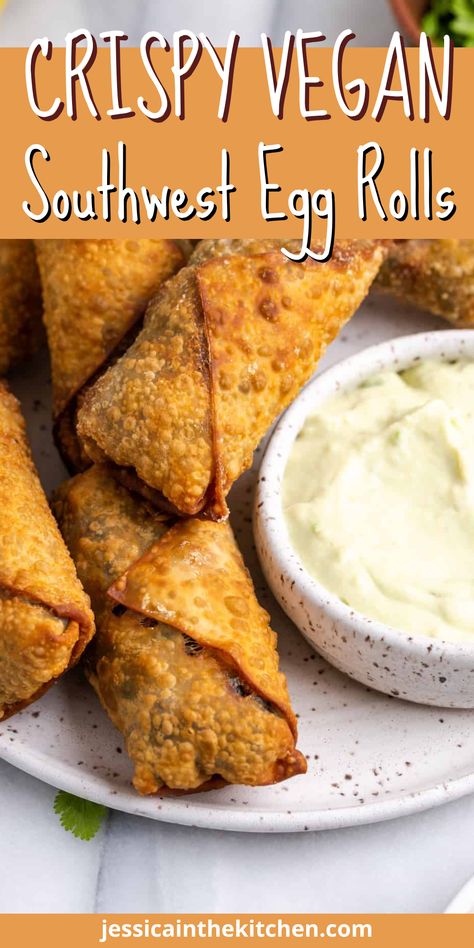 Vegan Avocado Egg Rolls, Plant Based Egg Rolls, Vegan Southwest Eggrolls, Vegan Eggroll Filling, Ideas For Egg Roll Wrappers, Gf Egg Rolls, Vegan Egg Roll Wrapper Recipes, Vegan Egg Rolls Recipes, Vegan Entertaining Recipes