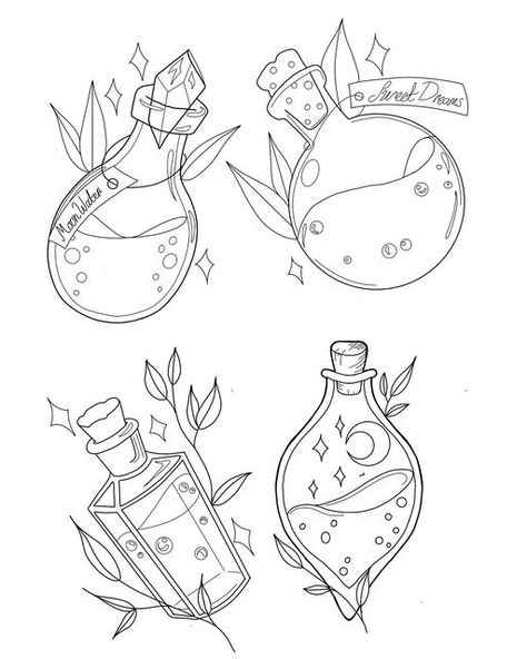 Potion Tattoo, Witch Drawing, Dibujo Simple, Bottle Tattoo, Bottle Drawing, Witch Tattoo, Hemma Diy, Fox Tattoo, Cute Coloring Pages