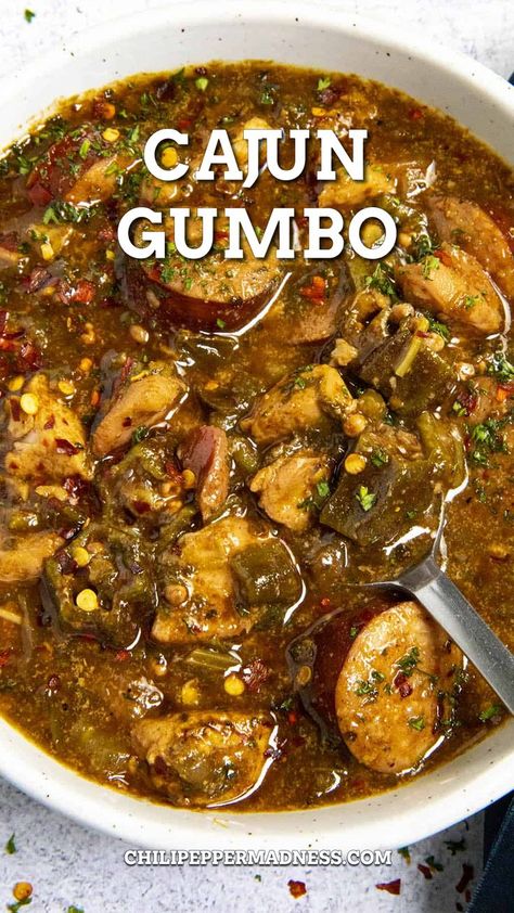 Cajun Chicken And Sausage Gumbo in a bowl Cajun Veggies, Spicy Gumbo Recipe, Gumbo Recipe Crockpot, Chicken And Sausage Gumbo Recipe, Spicy Gumbo, Cajun Chicken And Sausage, Sausage Gumbo Recipe, Chicken Andouille Sausage, Gumbo Recipe Easy