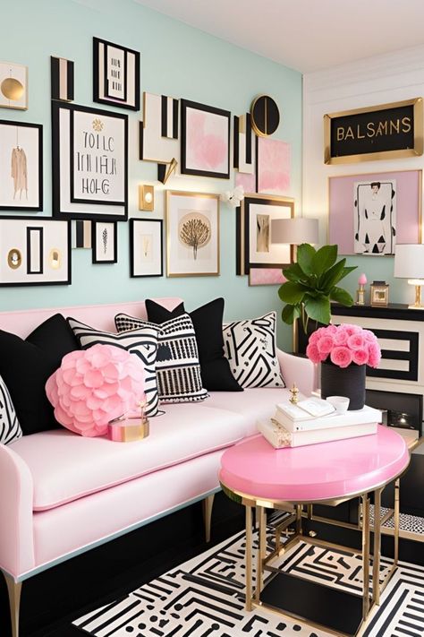 Kate Spade Decor, Kate Spade Home, Pink House Interior, Living Room Wall Wallpaper, Feminine Living Room, Colorful Room Decor, Sleek Furniture, Living Room Decor Inspiration, Pink Living Room