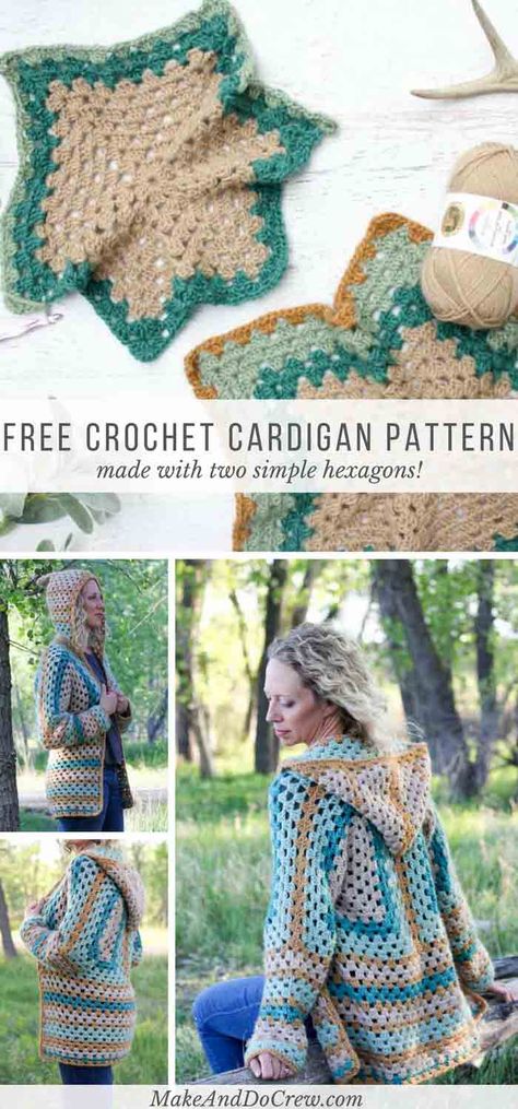 Two simple granny hexagons are the foundation of this free crochet hexagon sweater pattern. This modern boho cardigan is far easier than it looks! via @makeanddocrew Pola Sweater, Jaket Crochet, Crocheted Sweaters, Granny Square Haken, Cardigan Au Crochet, Granny Square Sweater, Cardigan Bebe, Crochet Cardigan Pattern Free, Sweater Boho