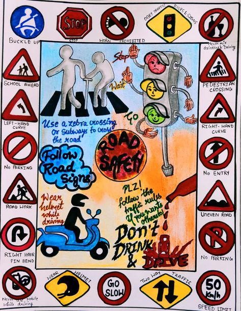 Poster Road Safety, Traffic Awareness Poster Drawing, School Safety Posters For Kids, Road Safety Awareness Poster, Road Safety Painting, Traffic Awareness Drawing, Traffic Awareness Poster, Poster Making On Road Safety, Traffic Rules Poster Drawing