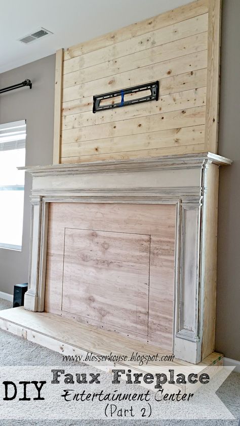 DIY Faux Fireplace Entertainment Center: Part Two - Bless'er House Faux Foyer, Faux Fireplace Mantels, Fake Fireplace, Faux Fireplace Diy, Diy Entertainment, Fireplace Entertainment Center, Fireplace Entertainment, Plank Walls, Faux Fireplace