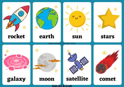 Space Flashcards- Free Printable Worksheets - Kids Art & Craft Space Games For Kids, Space Printables, Planet For Kids, Heavenly Bodies, Sun And Earth, Flashcards For Kids, Space Games, About Space, The Solar System