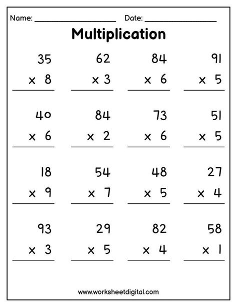 Printable Multiplication 2 digit by 1 digit worksheets help your kids to practice their time tables skills from 1 through 12. Suitable for any grade students. The download consists 12 printable black and white worksheets  PDF Letter size (8.5 x 11 in) Print and laminate for lasting use. Thank you for visiting Worksheet Digital. www.worksheetdigital.com Multiplication For Grade 2 Worksheet, Multiplying 2 Digit By 1, Multiplying 2 Digit By 2 Digit, One Digit Multiplication Worksheet, Multiplication 2 Digit By 2 Digit, Multiplication By 2 Digits, Multiplication Grade 2 Worksheet, 2 Digit By 1 Digit Multiplication, Grade 2 Multiplication Worksheets