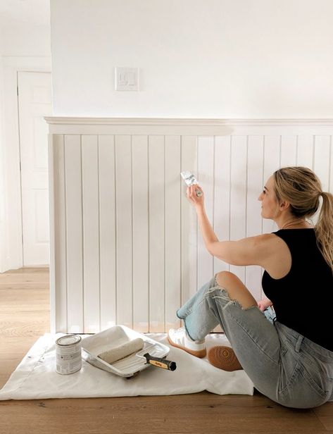 Beadboard Half Wall, Downstairs Playroom, Painted Beadboard, Beadboard Wall, Beadboard Wainscoting, Bead Board Walls, Wrought Iron Stairs, Board And Batten Wall, Bead Board