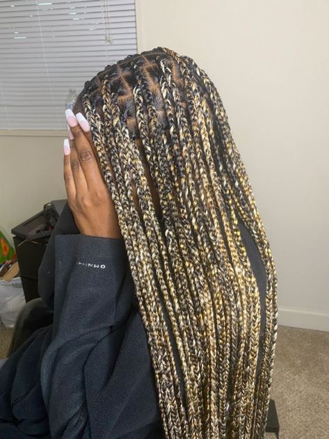 Blonde Brown Black Knotless Braids, Honey Blonde Box Braids Highlights, Different Shades Of Blonde Braids, Highlights Braids Black Women, Honey Blonde Mix Knotless Braids, 613 And Black Knotless Braids, Knotless With Highlights, Highlights In Braids, Braids Colors For Black Women