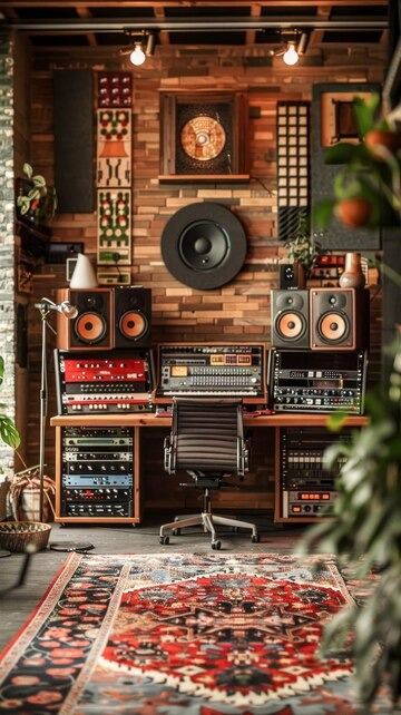 Premium Photo | Room Filled With Musical Equipment Generative AI Industrial Music Room, Mid Century Modern Music Studio, Vintage Recording Studio, Music Corner Ideas, Audiophile Aesthetic, Moody Music Room, Aesthetic Music Room, Basement Music Studio, Music Room Aesthetic