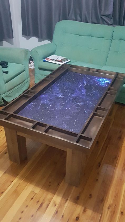 This is a table for gaming that fits over an existing coffee table Board Game Coffee Table, Dnd Coffee Table, Dungeon Basement, Big Coffee Table Gaming, Diy D&d Table, Dnd Table With Tv, Board Game Table Epoxy, D&d Table Gaming, Gaming Coffee Table