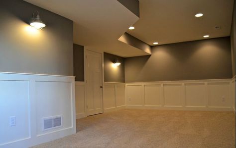 Wainscotting Basement Wainscoting, White Baseboards, Modern Basement, Basement Inspiration, Basement Living Rooms, Basement Kitchen, Basement House, Basement Makeover, Basement Walls