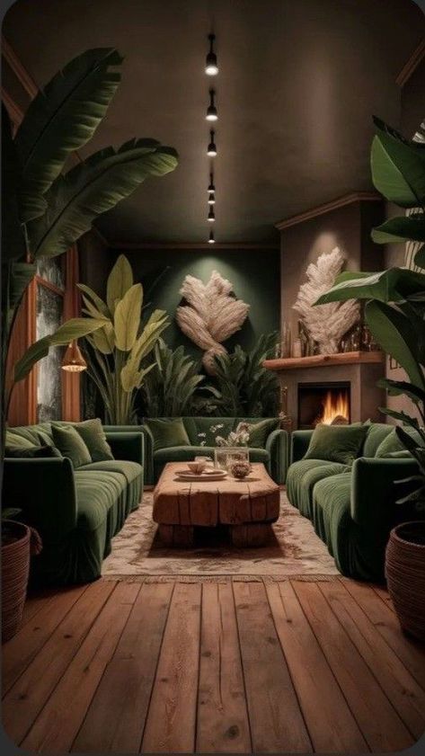 Jungle Style Living Room, Jungle Inspired Living Room, Jungle Themed Living Room, Green Sitting Room Ideas, Green Themed Living Room, Jungle Living Room Ideas, Green Boho Living Room, Green And Black Living Room, Mcm Living Room Decor