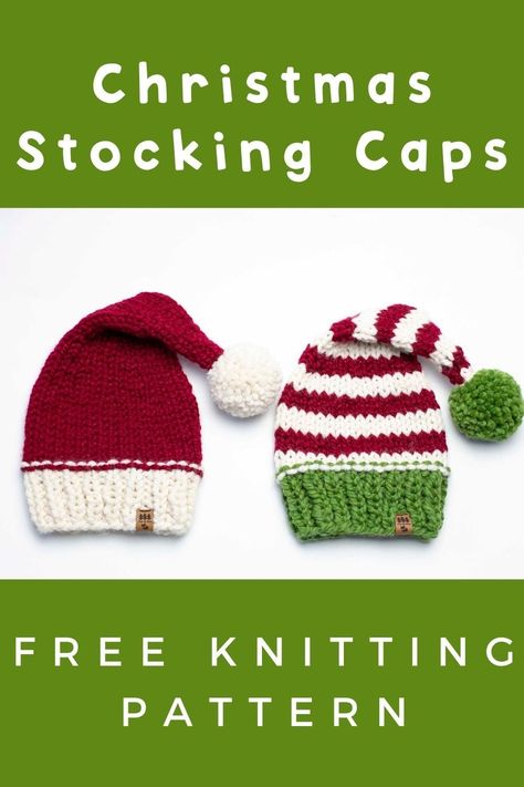 Christmas Santa Hat Free Knitting Pattern Stocking Cap Baby Children Women Men Chunky Knitted Pompom. Yarn: Lion Brand Wool Ease Thick and Quick. Sizes for the whole family. Easy free pattern at www.foxandpinestitches.com or purchase the ad-free printable PDF file at www.foxandpinestitches.etsy.com Knitted Bobble Hat Pattern Free, Knit Santa Hat Pattern Free, Stocking Hat Knitting Pattern Free, Knit Baby Hat Pattern, Baby Stocking Hat, Halloween Knitting Patterns, Baby Christmas Hat, Baby Santa Hat, Hat Free Knitting Pattern