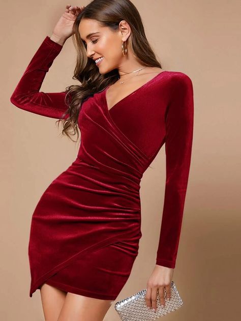 SHEIN Wrap Front Ruched Detail Velvet Dress | SHEIN USA Vestidos Para Baby Shower, Mini Robes, Shein Dress, Knitted Bodycon Dress, Body Con Dress, Mini Dresses For Women, Mini Velvet Dress, Dress For Short Women, Long Sleeve Bodycon