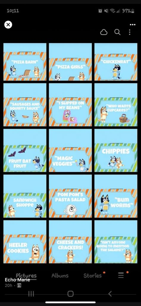 Bluey Themed Food Labels, Bluey Cake 1st Birthday, Blurt Themed Birthday, Bluey Meal Ideas, Food For A Bluey Party, Bluey Catch Phrases, Bluey Birthday Party Drinks, Bluey Party Decorations Ideas, Fifth Birthday Bluey