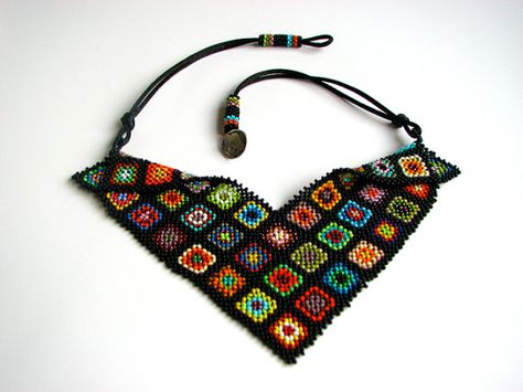 Granny Squares Afghan Beaded Collar Necklace - Right Angle Weave beadwork Crochet Jewelry Necklace, Beaded Collar Necklace, Seed Bead Pattern, Granny Square Afghan, Beaded Jewels, Bead Weaving Patterns, Beadwork Patterns, Beading Ideas, Bead Pattern