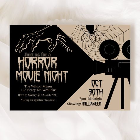 "Halloween invitations, Halloween Party, Halloween Movie night, Horror Movie Night, Editable, Digital Template, Halloween Party, Movie Night, [id:16653165]   ♥This listing is for a DIGITAL item only. ♥No physical item will be shipped.  ♥ Once Purchased, THIS DOWNLOAD will INCLUDE: 5\"x 7\"  Card (Horizontal)     ♥TRY BEFORE YOU BUY: ♥ FREE DEMO LINK♥  DEMO LINK: https://templett.com/design/demo/BLaney/16653165 Copy and paste the link below into your browser. Templett is NOT compatible with smart phones or tablets. ALL edits must be done on a computer.  If you don't have access to a computer, Please contact me. I will be happy to make all edits for you and send your files back via Email.  ♥PRINTING ♥ Note that printed colors may not match exactly due to varieties in paper quality, computer Horror Movie Party Invitations, Halloween Movie Invitation, Halloween Movie Night Invite, Horror Party Invitations, Halloween Movie Night Invitations, Movie Night Horror, Horror Template, Invitations Halloween Party, Halloween Movie Night Party