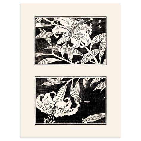 The print of the lilies is originally from an old Japanese book with patterns and designs for craftsmen. The two woodblock prints that are combined here would serve as inspiration for decorating arts and craft products like kimonos and making textile prints and embroidery. Japanese woodcut prints have gained a new interest and popularity in Scandinavia and are often used in a Japandi style interior. Kimonos, Woodcut Art, Mandalas, Vintage Japanese Art, Woodcut Prints, Japandi Art, Japanese Woodcut, Japan Painting, Relief Printing